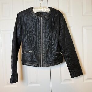 Quilted Black Moto Jacket Collarless Coated Zip Up Biker Coat Women's Small